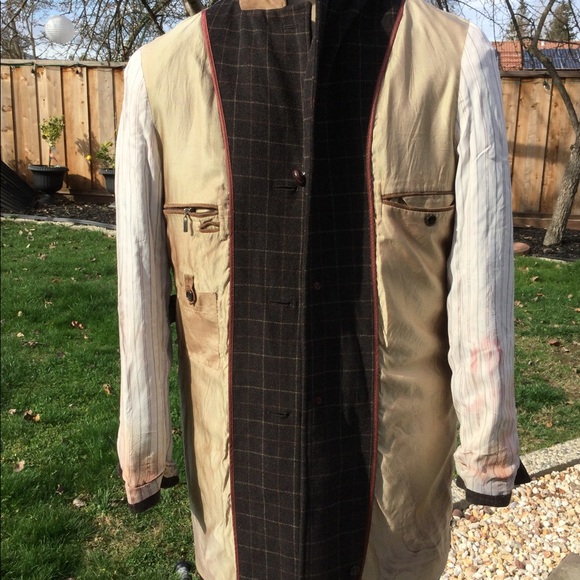 COLE HAAN Plaid Wool Cashmere Leather Overcoat - Picture 6 of 8